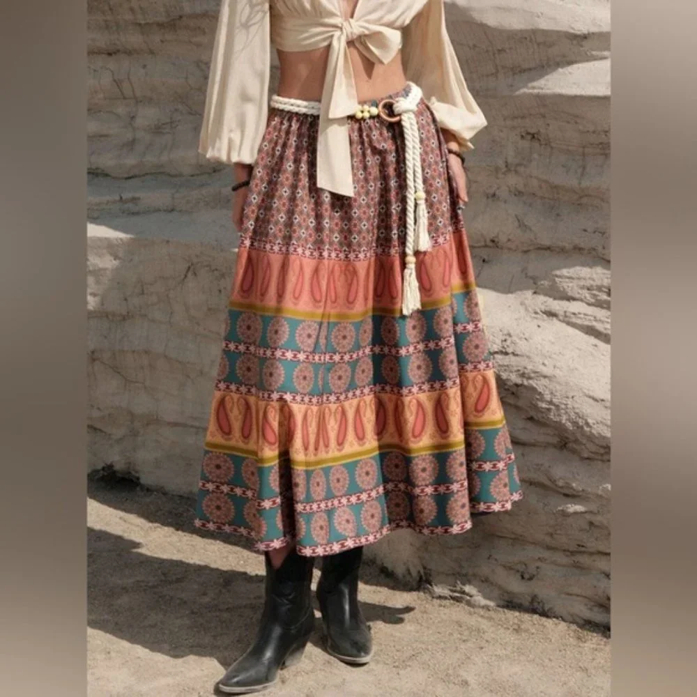Boho Printed Western Midi Skirt With Belt - Picture 1 of 6